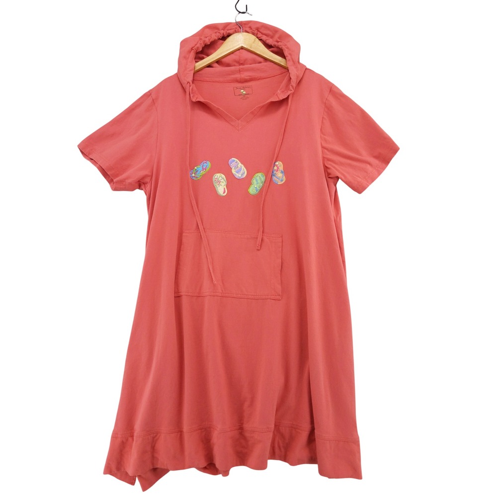 Jane Ashley Woman Beach Dres Cover Up 2X Coral Pink Flip Flop Embroidered Hooded